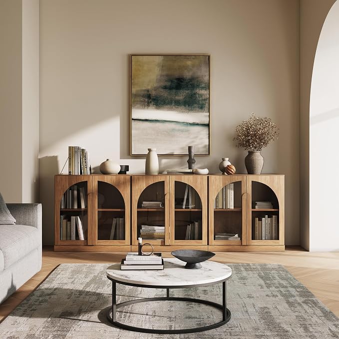 BELLEZE 2 Tier Bookshelf with Arched Glass Door by BELLEZE