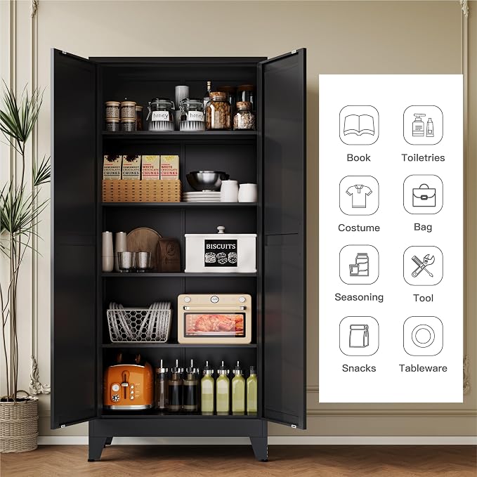 YAUWOH 71''Metal Cabinet with 4 Adjustable Shelves, 5-Tier Pantry Storage - Image 4