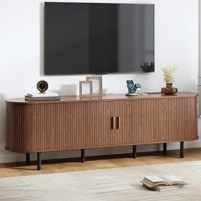 70.8" TV Stand with Power Outlet, Mid-Century Modern Television Stand, Fluted by ComfyCorner