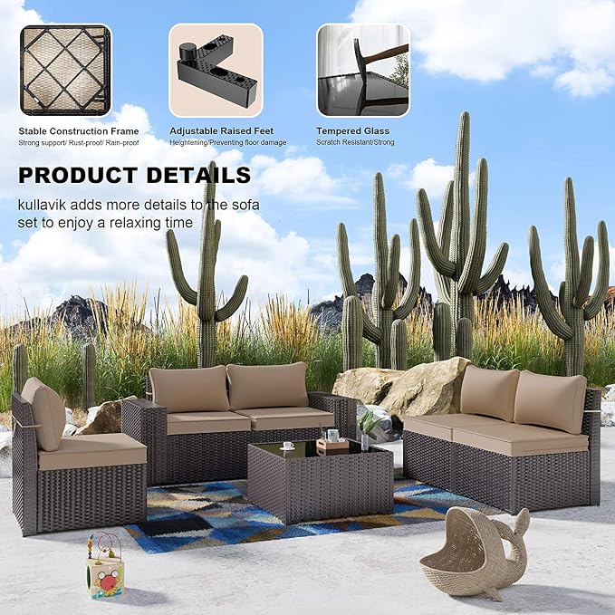 Kullavik Outdoor Patio Furniture Set, 12 Pieces Sectional Rattan Sofa Set Brown - Image 3