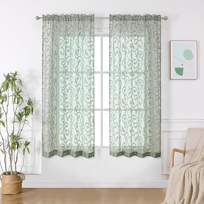 OWENIE Sage Green Sheer Curtains 63 inch Length - Image 2