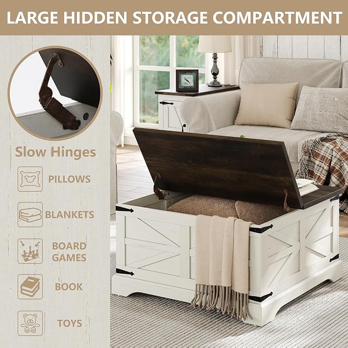 Furnideco Farmhouse Lift Top Coffee Table, Square Wood Center Table - Image 8