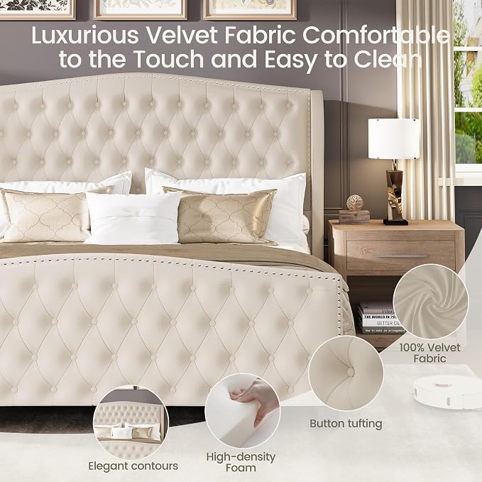 LARMACE King Size Bed Frame Velvet Upholstered Platform Bed - Image 5
