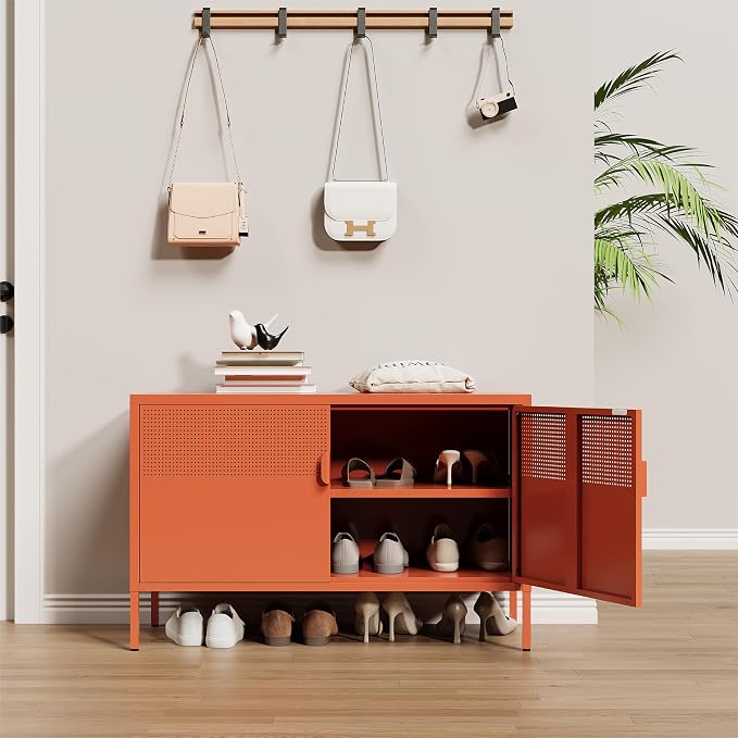 Orange Metal Storage Cabinet, 2 Door TV Stand, Metal Mesh Accent Cabinet - Image 5