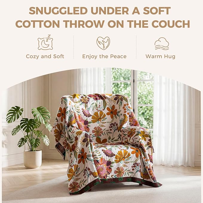 LUTBM Boho Throw Blanket for Bed 100% Cotton Soft Breathable Quilt Floral - Image 4