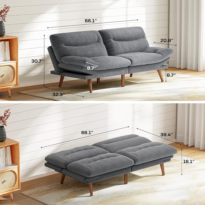 Marsail 66" Futon Sofa Bed, Convertible Corduroy Futon Couch - Image 2