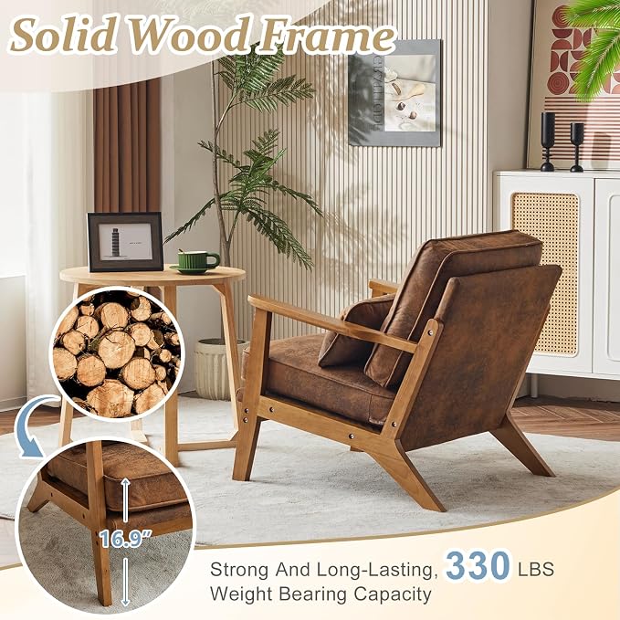 VINGLI Solid Wood Wide Armrests Accent Chair, Upholstered Mid Century Modern - Image 4