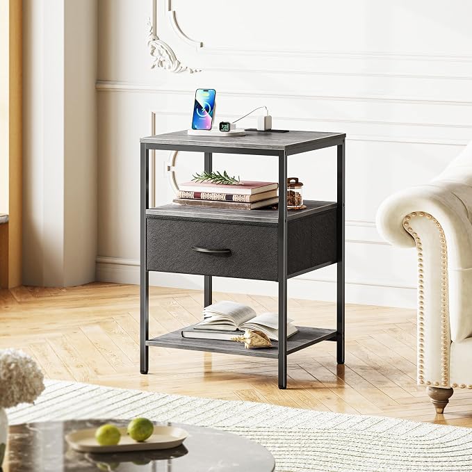 SUPERJARE Night Stand with Charger Station, 27.7 Inch Tall Nightstand with - Image 9
