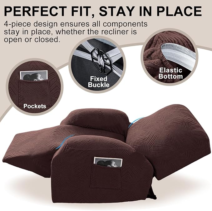 Recliner Chair Covers, 4-Piece Stretch Geometric Strokes Jacquard Reclining - Image 4
