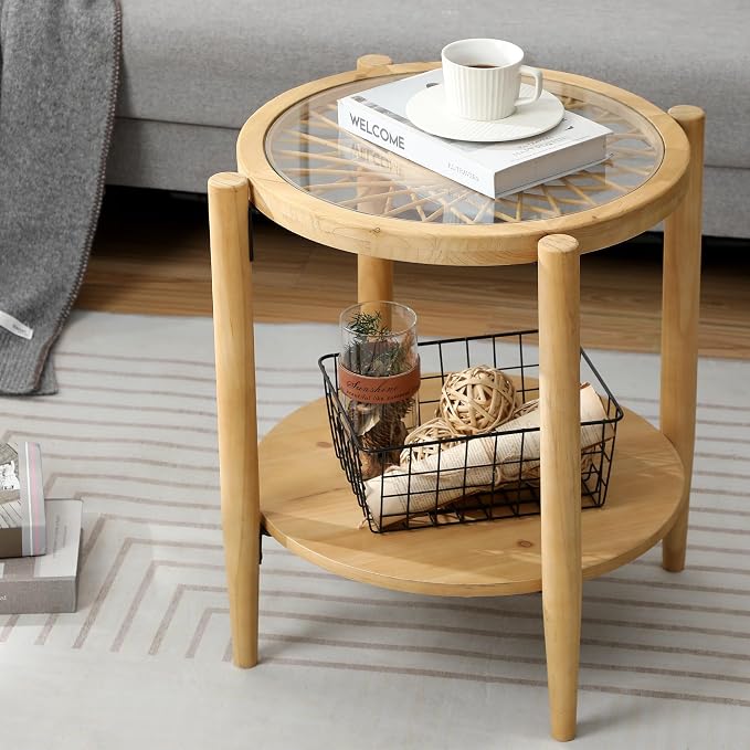 RUSTOWN Rattan Nightstands Set of 2, Boho Wood Round Side Tables, 2-Tier - Image 5