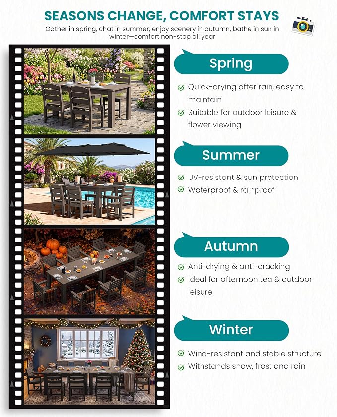 SERWALL HDPE Dining Set for 8: 2 Umbrella Hole Tables + 8 Chairs. Includes 8 - Image 7