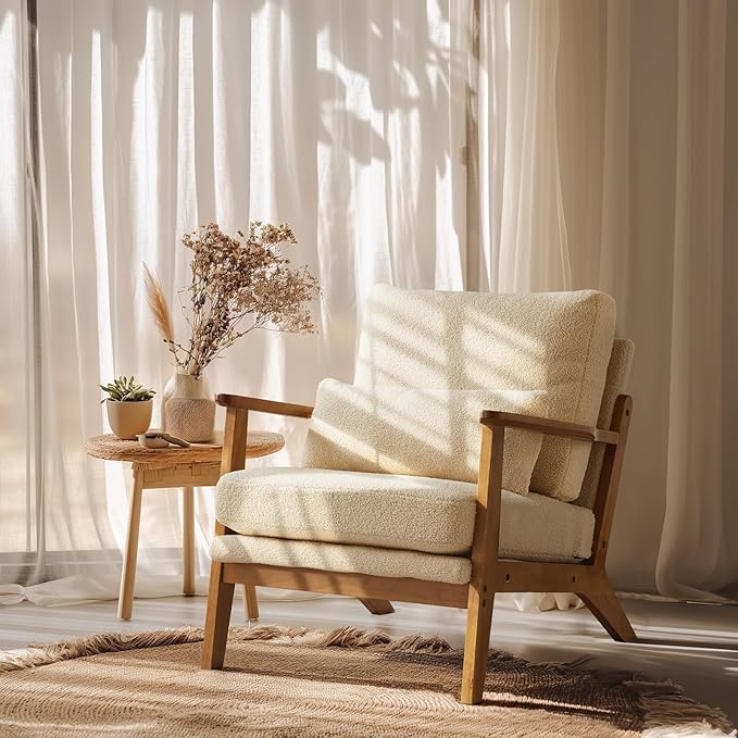 VINGLI Solid Wood Wide Armrests Accent Chair, Upholstered Mid Century Modern by VINGLI