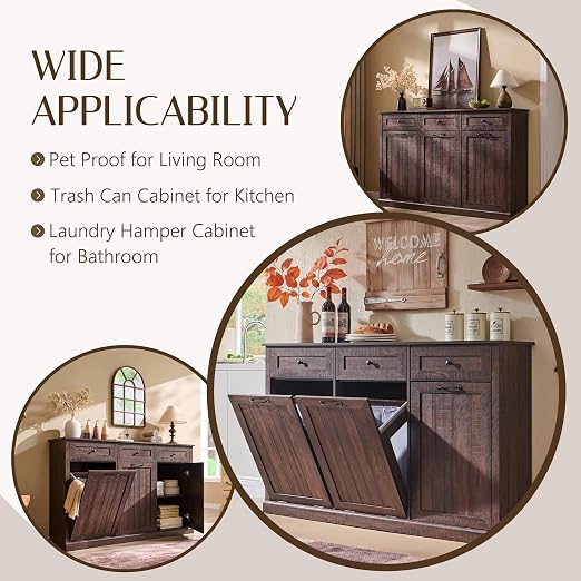 IFGET Triple Tilt Out Trash Can Cabinet, 20 Gallon Farmhouse Laundry Hamper - Image 4