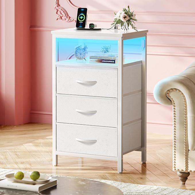 Huuger Night Stand with Charger Station and LED Lights, 3 Drawer Nightstand - Image 2