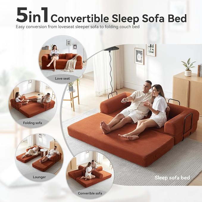 Convertible Sleeper Sofa with 2 Pillow, Modern Corduroy Futon Bed, Modular Sofa - Image 3