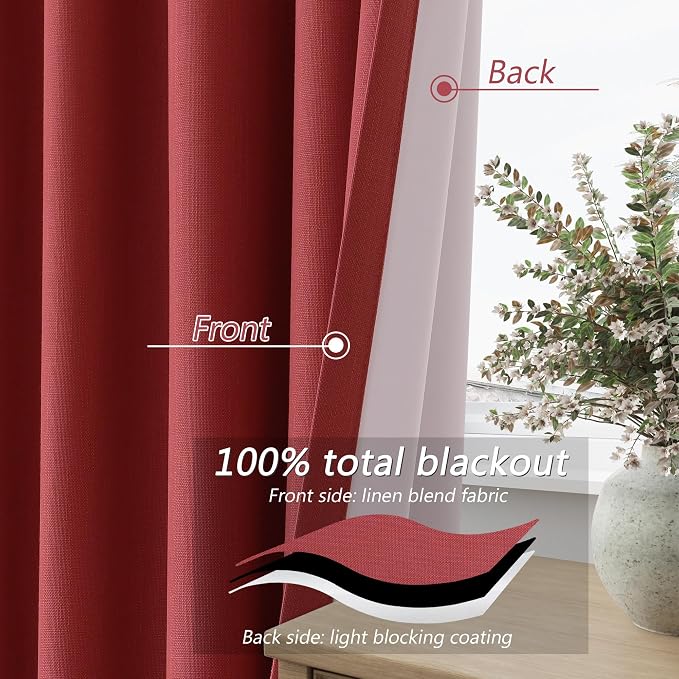 Guken Red 100% Blackout Linen Curtains 102 Inch Length 2 Panels Set - Image 3