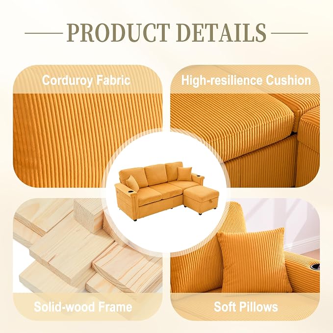 L-Shaped Sectional Sofa with Storage & Movable Ottoman, Corduroy 3 Seater - Image 5