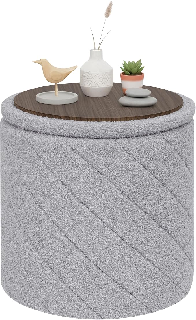 PINPLUS Ottoman with Stroage Round Boucle Ottoman and Tray Sherpa Removable by PINPLUS