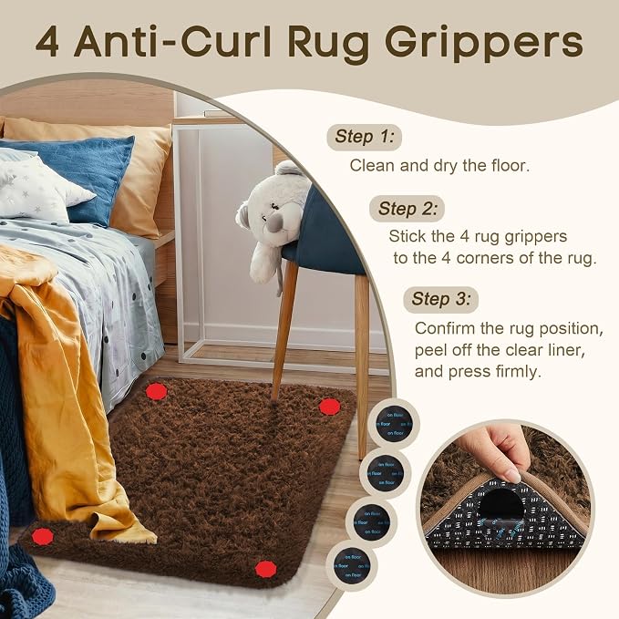 Ophanie Small Rug Washable Non Slip Throw Bedside Area Rugs, Fluffy Soft Brown - Image 2