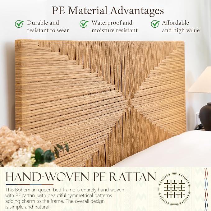 Yechen Queen Rattan Style Boho Bed Frame - Image 4