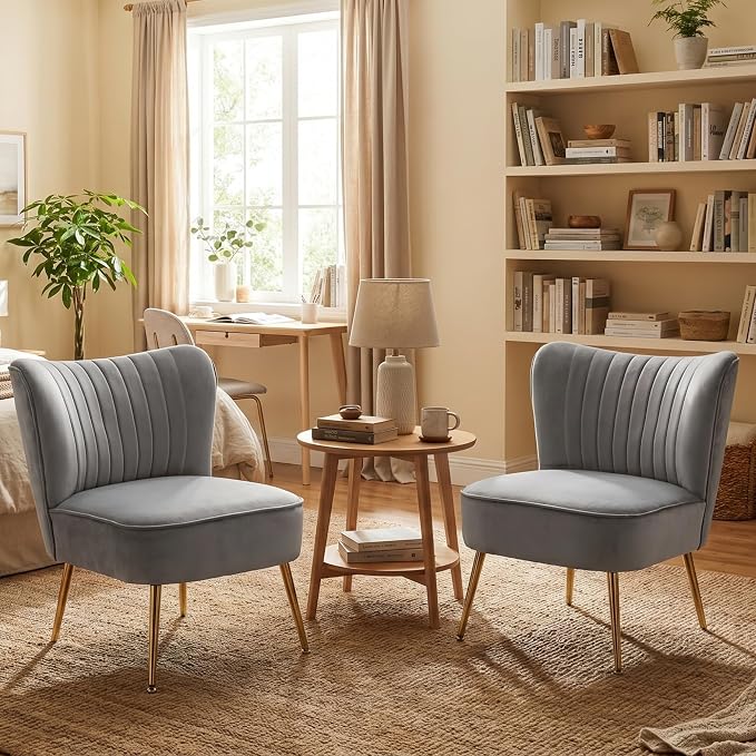 Velvet Accent Chair Set of 2 Comfy Living Room Chair Armless Slipper Chair Mid - Image 7