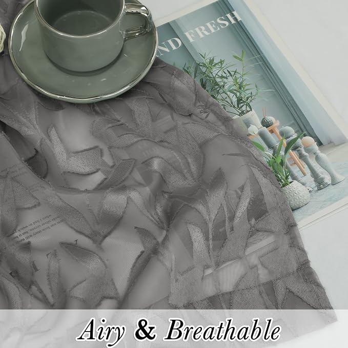 Lecloud Leia Charcoal Grey Sheer Kitchen Curtains 36 Inch Length 2 Panels - Image 2
