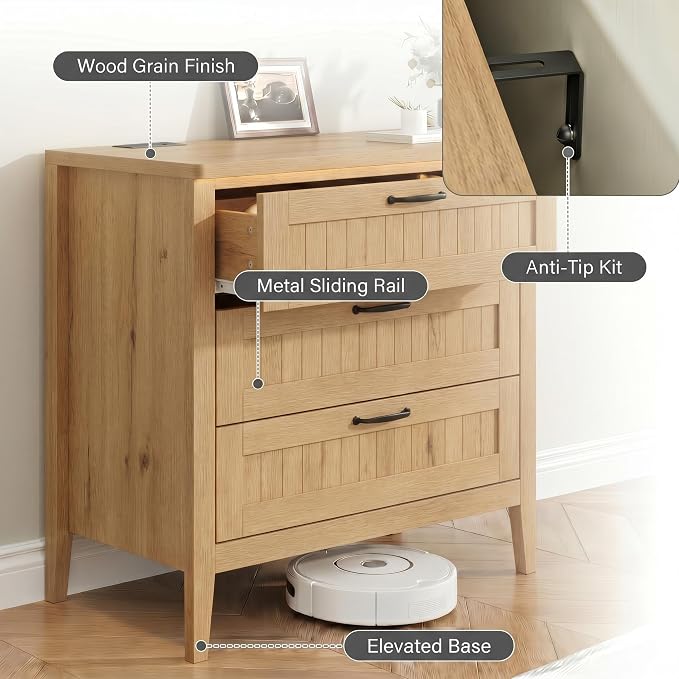 GarveeLife 3 Dresser Drawer for Bedroom, 27.6" Wide Wood Bedside Table for - Image 4