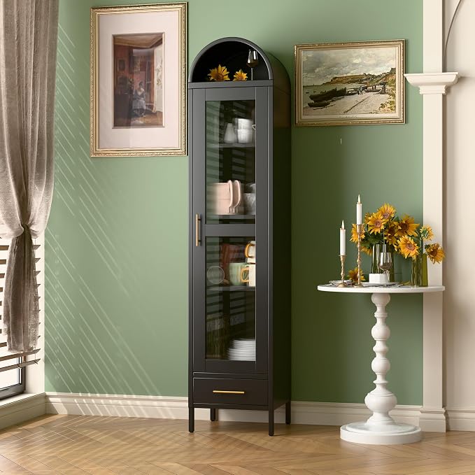 METAN Metal Arched Storage Display Cabinet, 1 Glass Door and Bottom 1 Drawer - Image 2