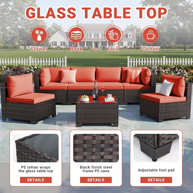 CHABATREE 7pcs Outdoor Patio Furniture Sets, Rattan Conversation Sectional Set - Image 4
