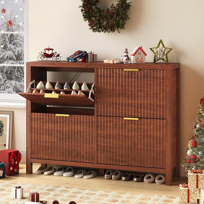 YOMILUVE Shoe Cabinet Storage for Entryway, Fluted Walnut Shoe Cabinet - Image 3
