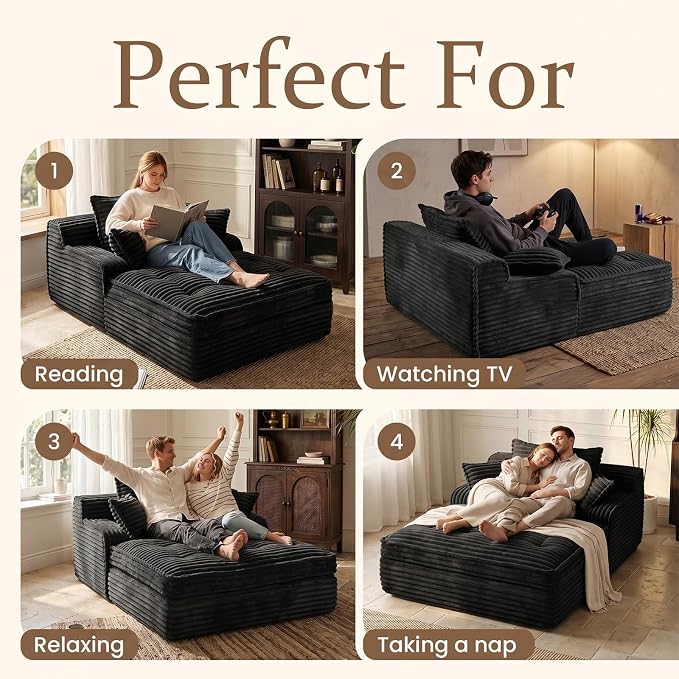 Boneless Chaise Lounge Couch Indoor, Oversized Corduroy Upholstered Sofa Bed - Image 5