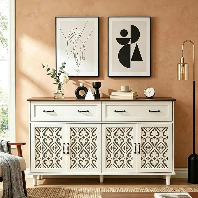 59″ White Bohemia 4 Heart Shaped Carved Doors, 2 Drawers and 2 Adjustable by YHFEXYT