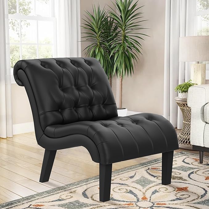 Black Faux Leather Accent Chair Modern Button Tufted Upholstered Armless Chair - Image 4