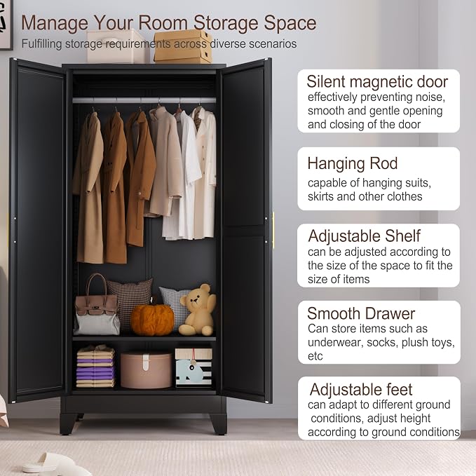 71" Metal Armoire Wardrobe Closet, Steel Clothing Storage Cabinet - Image 3