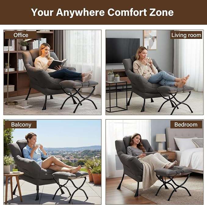 Welnow Lazy Chair with Ottoman, Modern Accent Chair with Armrests and a Side - Image 7