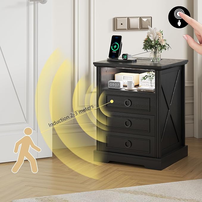 Nightstand with Charging Station, Farmhouse End Side Table with 3 Drawers and - Image 6