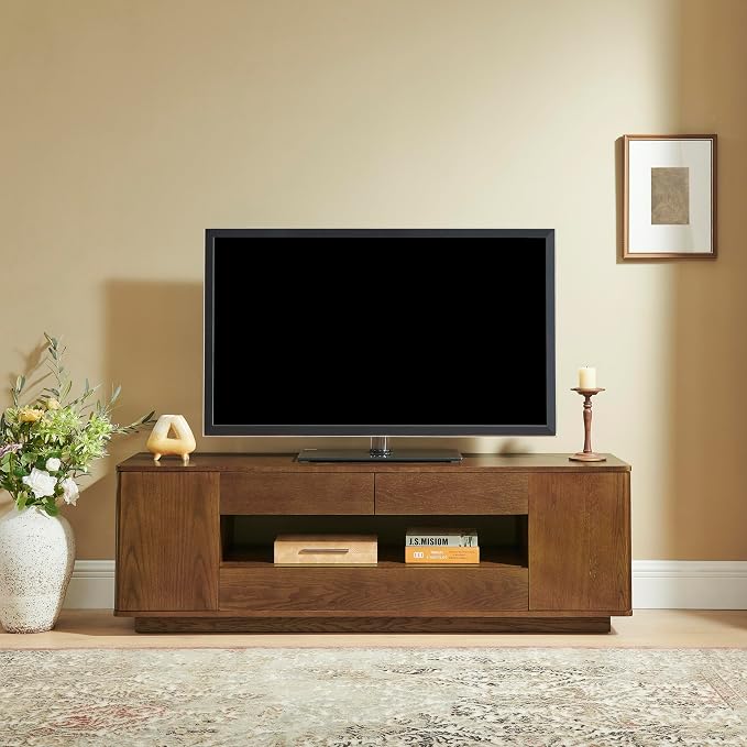 LKTART 59" Mid-Century Modern TV Stand, Solid Wood Veneer Entertainment Center by LKTART