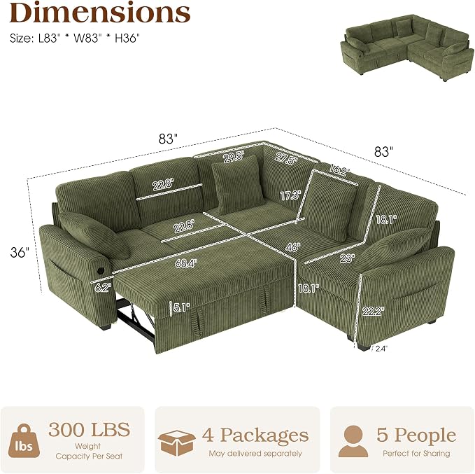 Ihanherry 83-inch 5-Seater Large Sectional Sofa Bed - Image 2