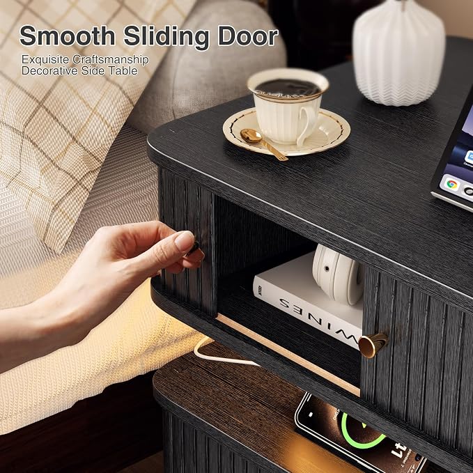 Black Nightstand with Charging Station and LED Light, Fluted Bedside Table with - Image 7