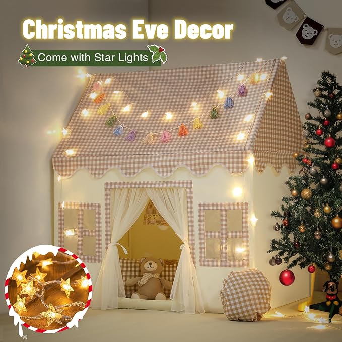 Kids Play Tent Indoor: with Brown Checkered, Rainbow Tissue Garland, Star Lights - Image 3