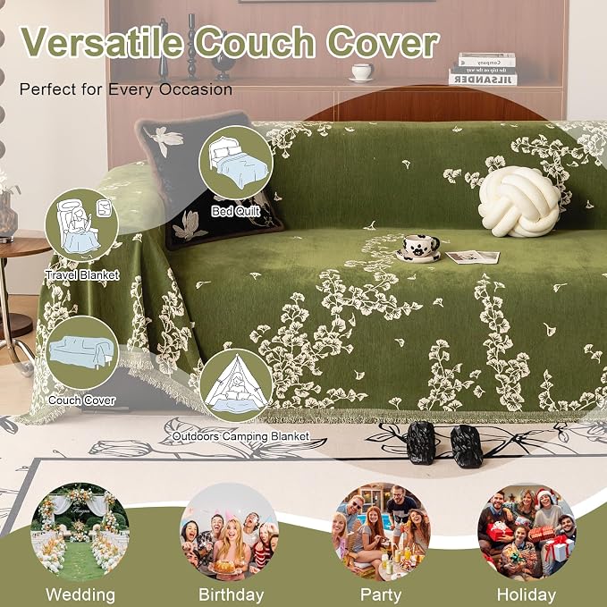 VClife Emerald Green Ginkgo Botanical Sofa Cover Non Slip Chenille Couch Cover - Image 4