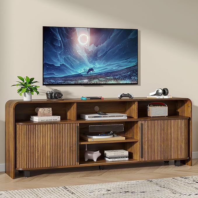 Fluted TV Stand for 75 65 80 Inch TV, 70 Inch Long Walnut Entertainment Center - Image 3