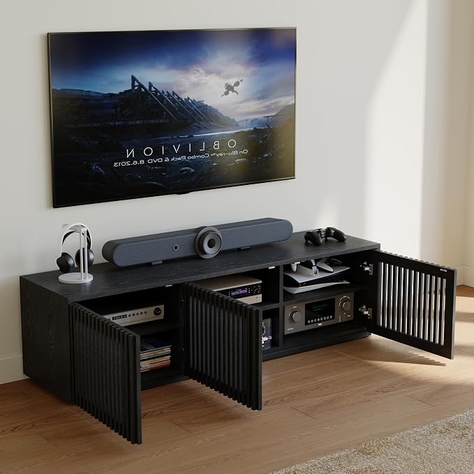 POVISON Full Assembled Mid Century Modern TV Stand, 59.06" Wood Slatted Media - Image 3
