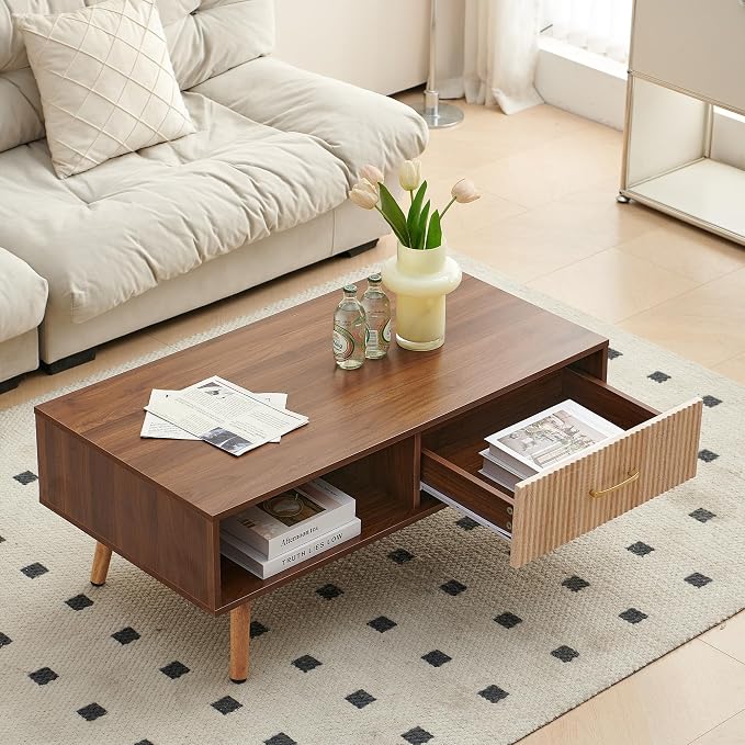 Coffee Table with Storage, Mid Century Boho Wood Center Table with Open Storage - Image 3