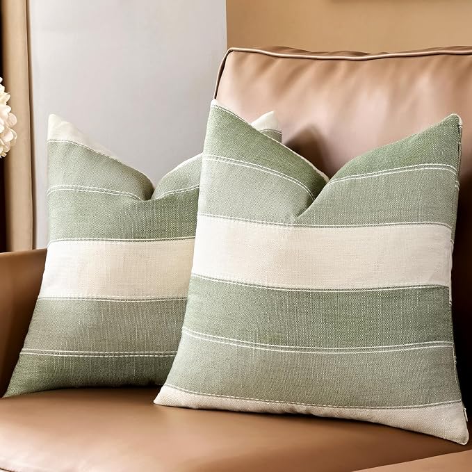 AmHoo Pack of 2 Farmhouse Stripe Check Throw Pillow Covers Set Case Cotton - Image 2