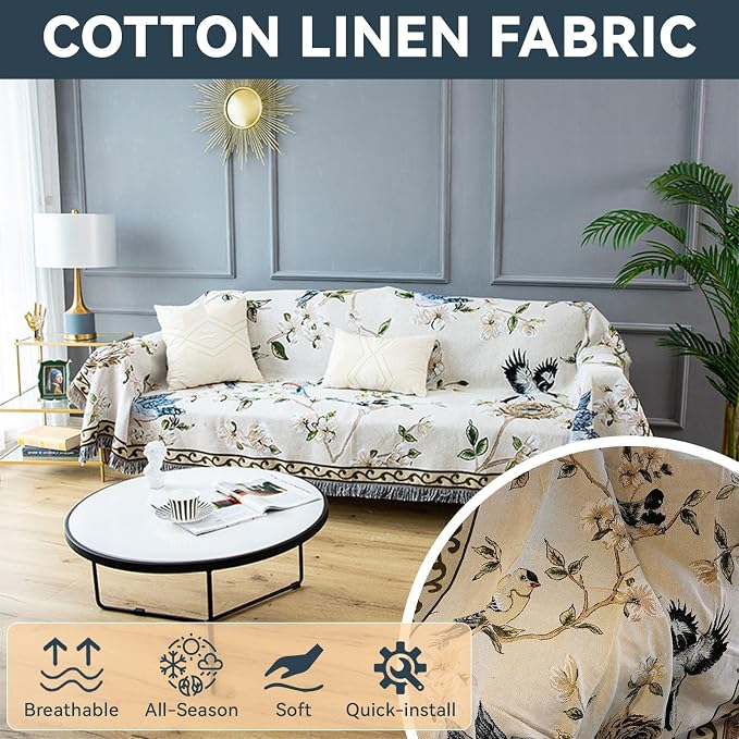 VClife Boho Beige Jacquard Couch Cover Modern Floral Bird Cotton Linen Slipcover - Image 6