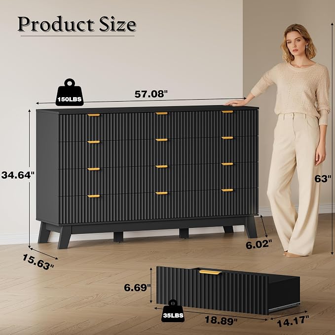 BORNOON 57" Wide Dresser for Bedroom, 12-Drawer Fluted Dresser - Image 2