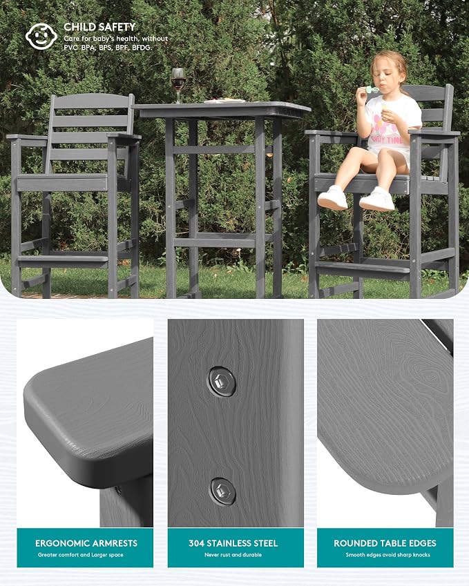 SERWALL Balcony Adirondack Chairs and Table 3 Pieces Set, Adirondack Bar Height - Image 4
