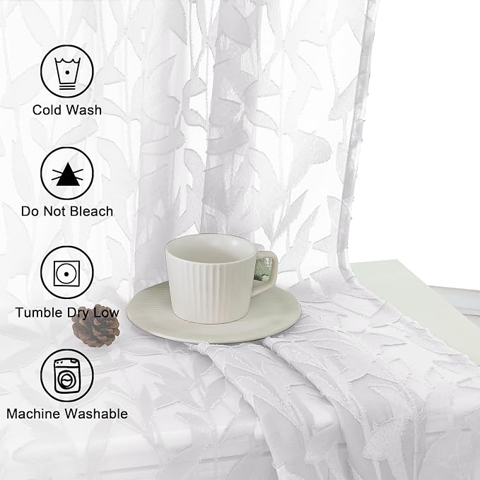 Lecloud Leia White Sheer Curtains 72 Inches Long 2 Panels, Jacquard Texture - Image 6