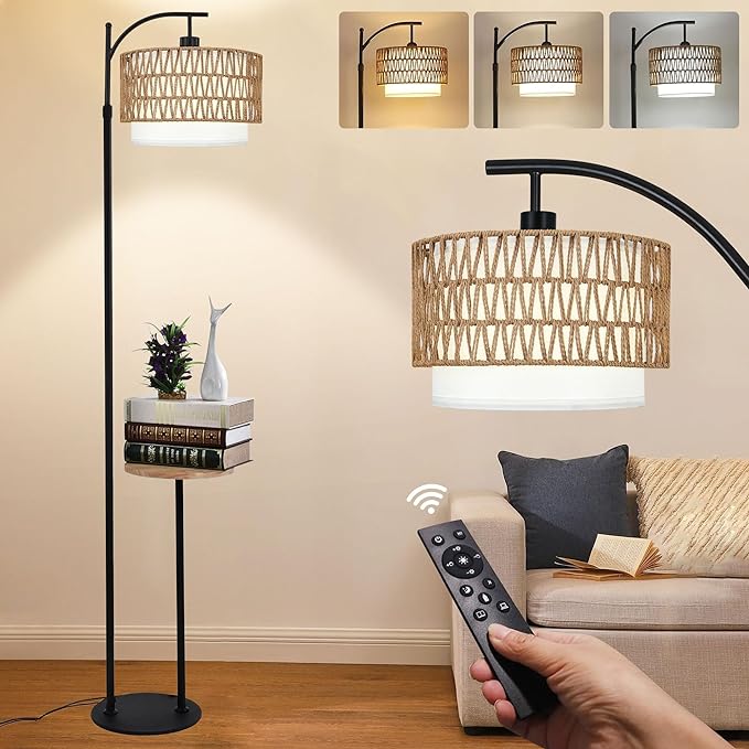 ZECOXOL Arc Floor Lamp with Table and Shelves, Rattan Boho Floor Lamp with by ZECOXOL